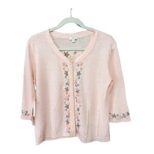 J. JILL Cardigan Pink Re-Crafted Ltd Linen Blend Embroidery Sweater Floral M
